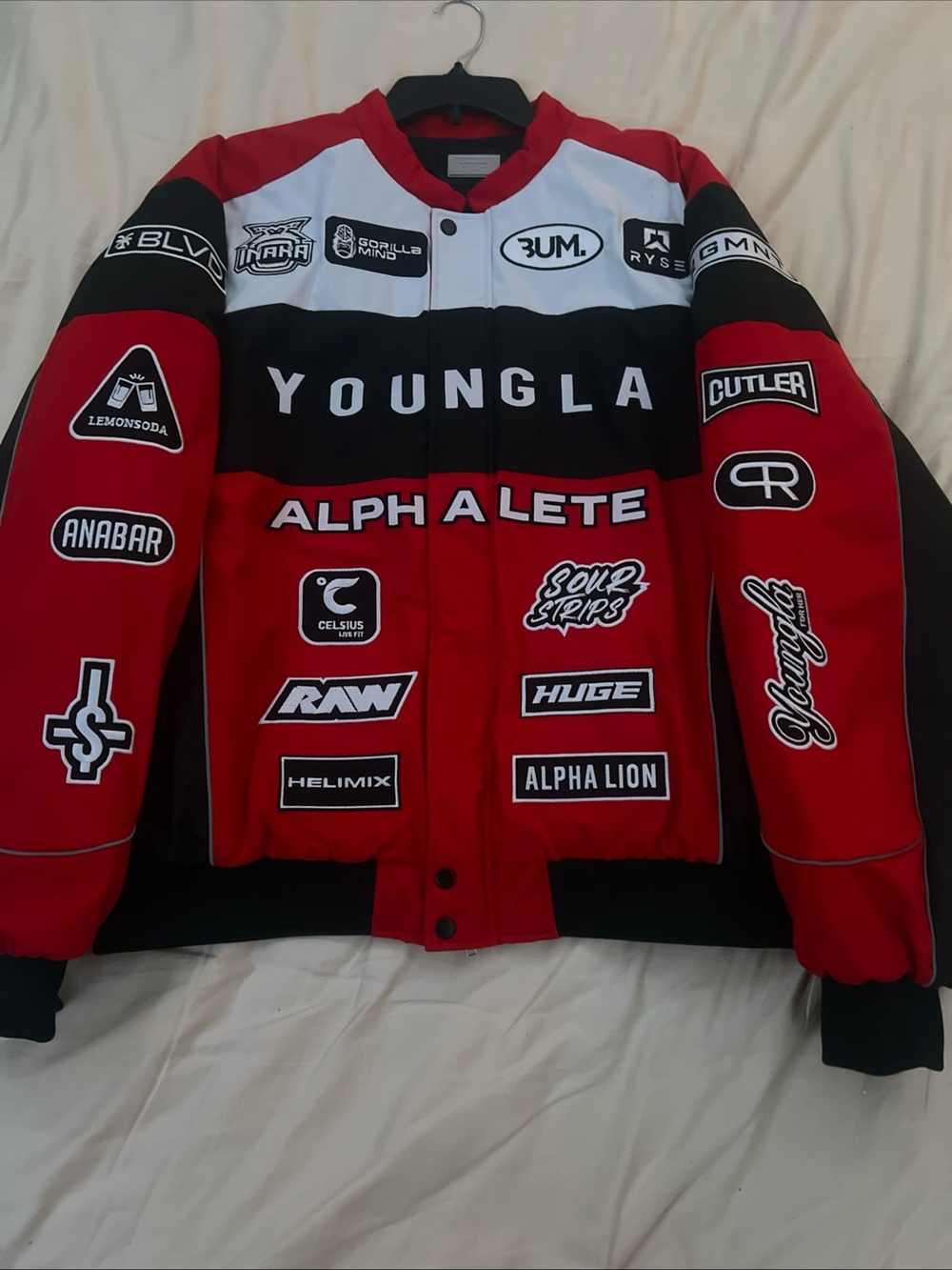 YoungLA Red and Black Quilted Jacket with Metallic Logo Plate